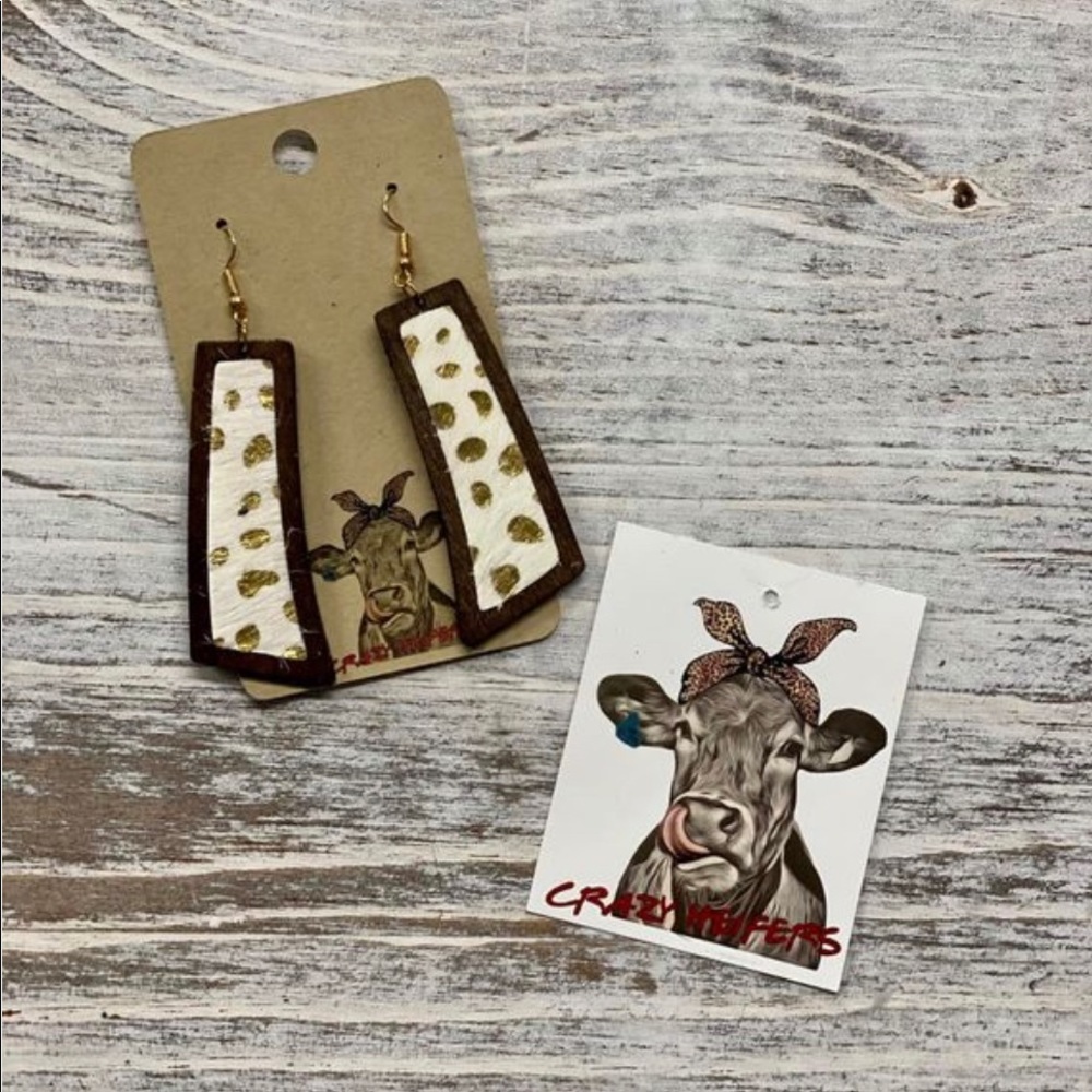 Crazy Heifer Drop Style Hand Painted Wood/Cowhide Earrings